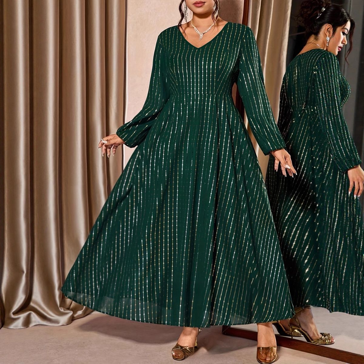Elegant Plus Size V-Neck Evening Dress For Women - Long Sleeve A-Line Formal Gown For Wedding & Special Occasions_ecoleips.com