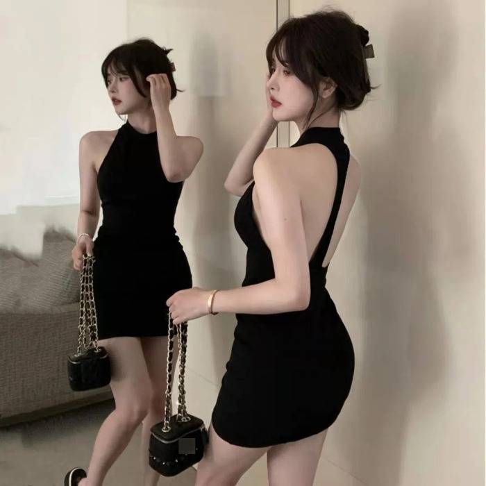 Women's Backless Halter Bodycon Dress - Sleeveless Sexy Slim Fit Mini Dress For Summer Versatile Black Hue_ecoleips.com