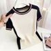 Women's Fashionable Round Neck Color Blocked Short Sleeve Knit T-Shirt Slimming And Flattering Youthful New Summer Style_ecoleips.com