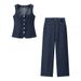 Modern Style Women's Denim Top And Trousers Suit High Waist Button Detailing Clothing_ecoleips.com