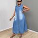 Women's Sleeveless Single-Breasted Denim Dress Casual Lapel Long Maxi Retro French Style Summer New Dress_ecoleips.com