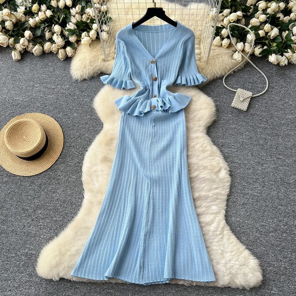 Women's Clothing Heavy-duty Pearl Buckle Waist Lotus Leaf Pendulum V-neck Short-sleeved Knitted Dress_ecoleips.com