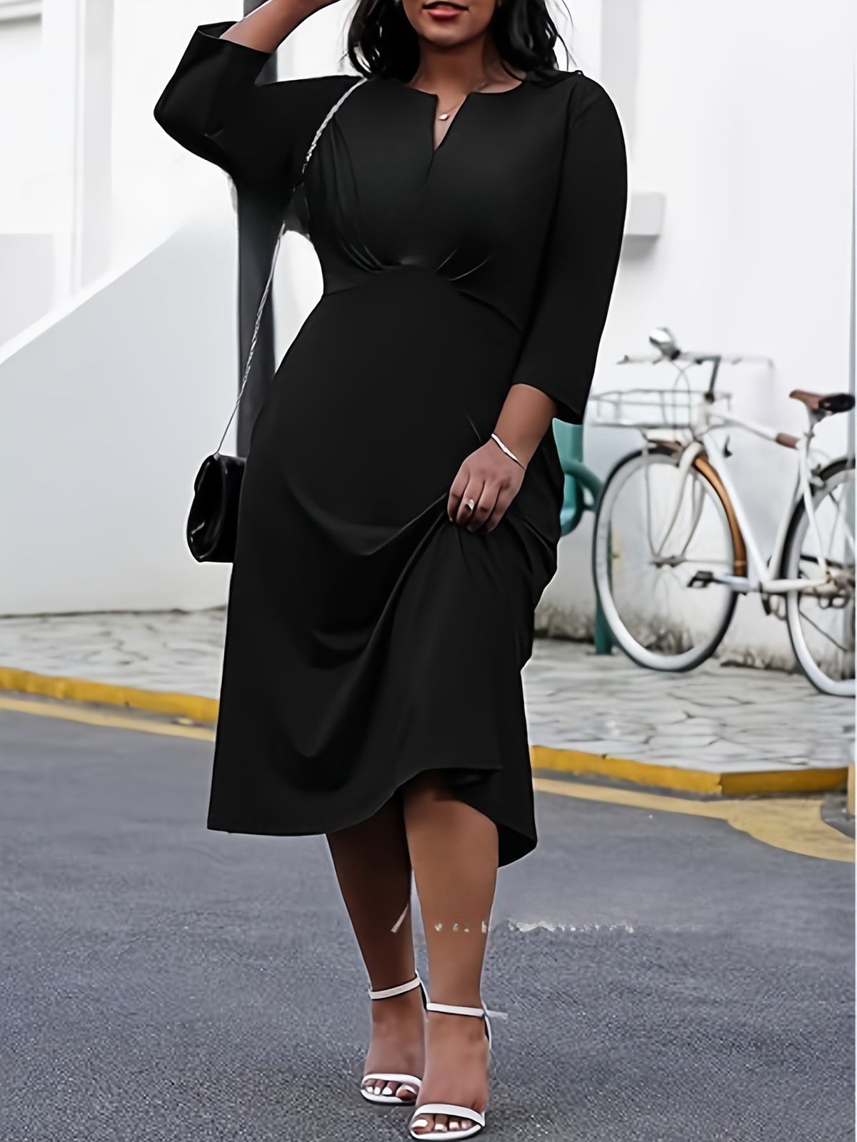 Plus-Size Casual V-Neck Knit Dress - Flowy A-Line Midi Dress With 3/4 Sleeves, Soft Polyester-Spandex Blend For Everyday Elegance_ecoleips.com