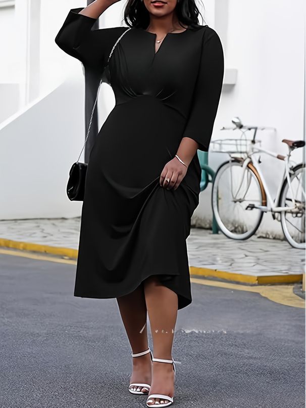 Plus-Size Casual V-Neck Knit Dress - Flowy A-Line Midi Dress With 3/4 Sleeves, Soft Polyester-Spandex Blend For Everyday Elegance_ecoleips.com