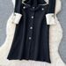 Black Knit Dress Color-Block Stand Collar Belted Midi Long Sleeve Women's Casual Dress For Autumn/Winter_ecoleips.com