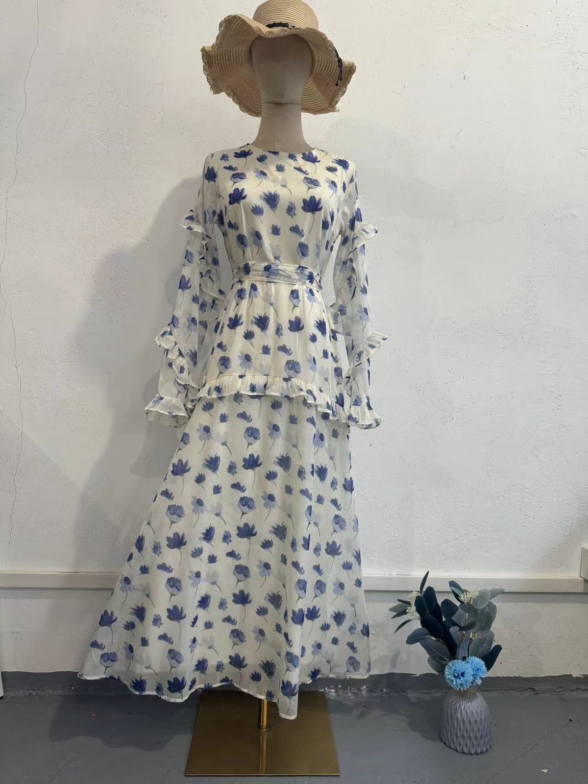 Women's Floral Print Ruffled Dress Round Neck Long Sleeve Gentle Style European American Fashion New Arrival 2024_ecoleips.com