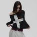 Women's Casual Sexy Hot Girl T-Shirt Off-Shoulder Neck Slim Long Sleeve Cross Print European And American Style Top_ecoleips.com