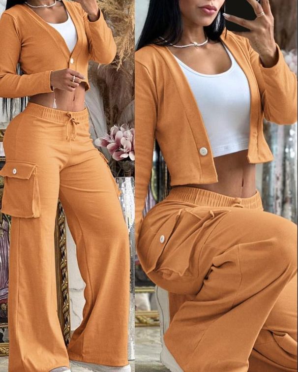 Spring Autumn Solid Slim Suit Women Long Sleeve Single Button V-neck Short Coat Drawstring Mid Waist Pocket Wide-Leg Pants Suit_ecoleips.com