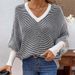 Women's Clothing Oversized V-Neck Batwing Sleeve Striped Knit Sweater - Soft Acrylic Blend, Casual Loose Fit Pullover, Trendy Office & Streetwear_ecoleips.com