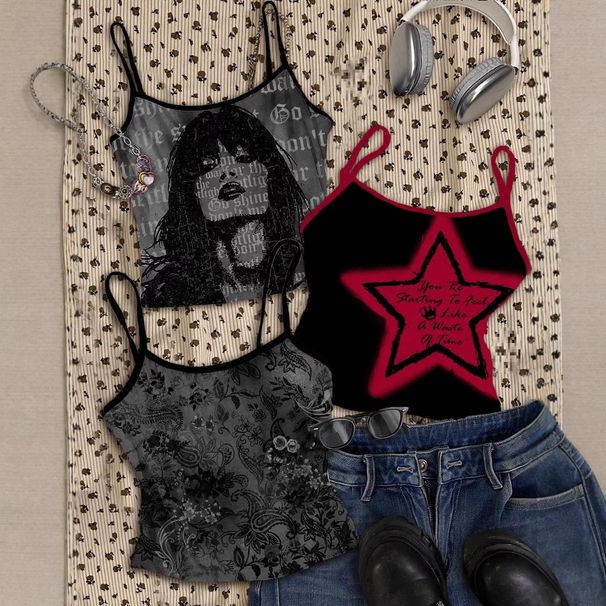 Summer Camisole Tank Top for Women Sexy Slim Fit Sleeveless Red Black Five Pointed Star Print European American Style_ecoleips.com
