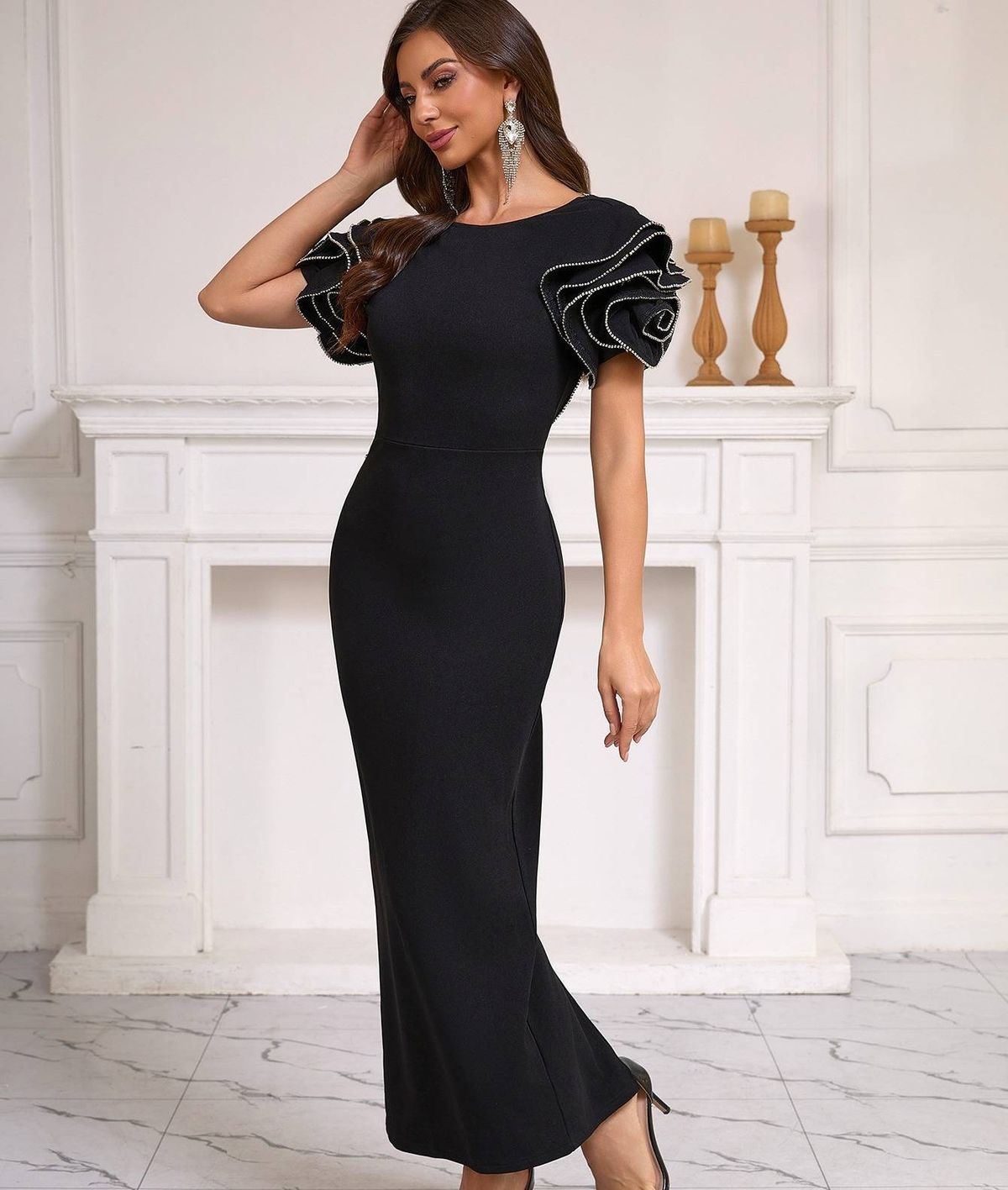 Dramatic Open-Back Black Evening Dress Stretch Jersey Gown With Crystal Embellishments & Flutter Sleeves ( Perfect For Cocktail Parties & Galas)_ecoleips.com