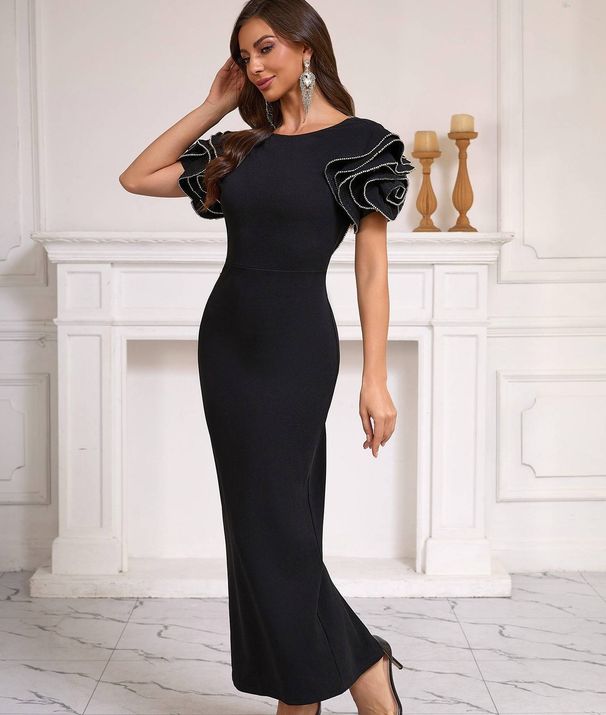 Dramatic Open-Back Black Evening Dress Stretch Jersey Gown With Crystal Embellishments & Flutter Sleeves ( Perfect For Cocktail Parties & Galas)_ecoleips.com