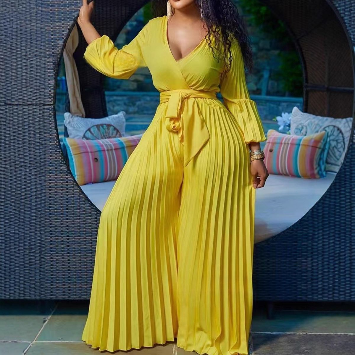 Elegant Plus Size Jumpsuit For Women - Stylish Long Sleeve One-Piece Pantsuit With Waist Cincher & Pleated Design(1XL-5XL)_ecoleips.com