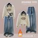 Denim Patchwork Hoodie With Fleece-Lined Wide-Leg Pants Set – Comfortable & Stylish Two-Piece Outfit_ecoleips.com