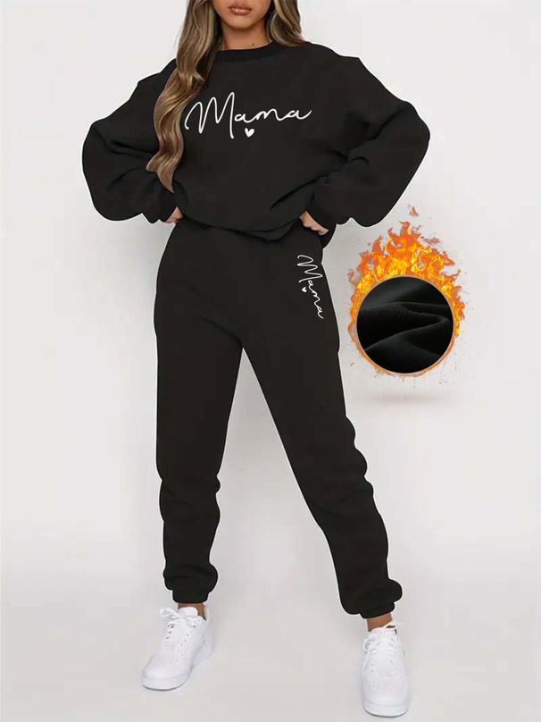 Women's Autumn/Winter Hip Hop Casual Street Mama Letter Pattern Printed Round Neck Sweatshirt+Sweatpants Warm Set-659_ecoleips.com