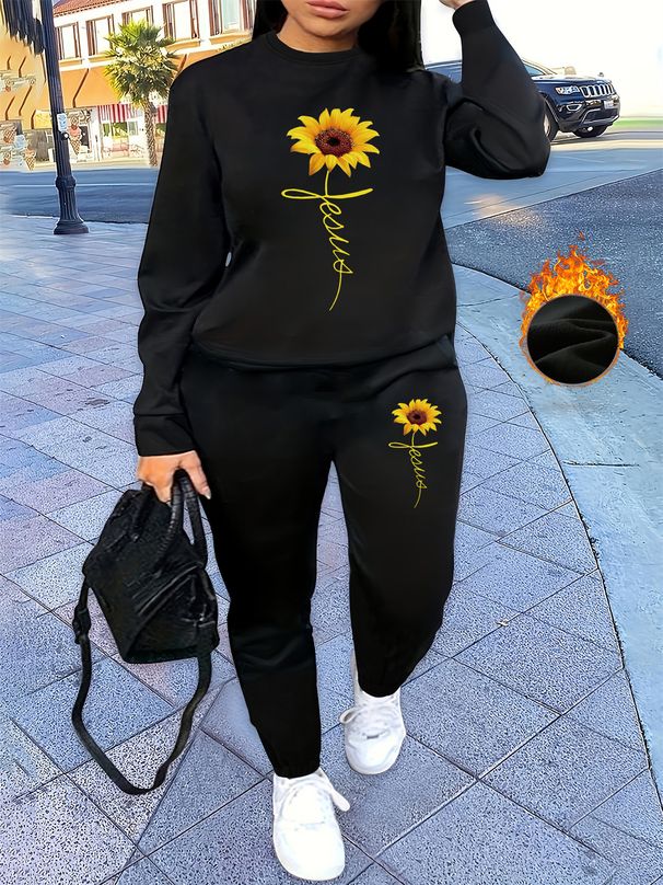 Women's Autumn And Winter Hip-hop Casual Street Sunflower Cross Pattern Printed Round Neck Sports Shirt+sports Pants Set-581_ecoleips.com