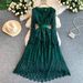 Elegant French Style Midi Dress For Women With Lace Detailing Round Neck Fitted Waist_ecoleips.com