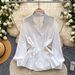 Women's Korean Style Blue Suit Collar Shirt With Tie Waist Slimming Elegant Top Long Sleeves For Spring Loose Fit Blouse_ecoleips.com