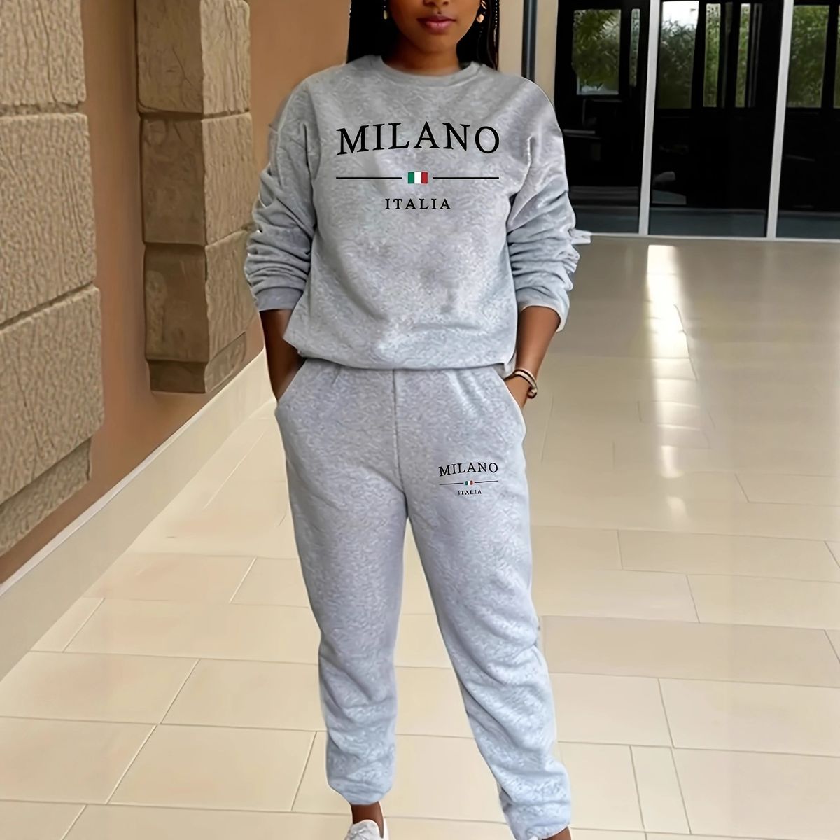 Women's Clothing Women's Fleece Lined Sweatshirt Set Style Two Piece Crew Neck Casual Printed Sweatshirt_ecoleips.com