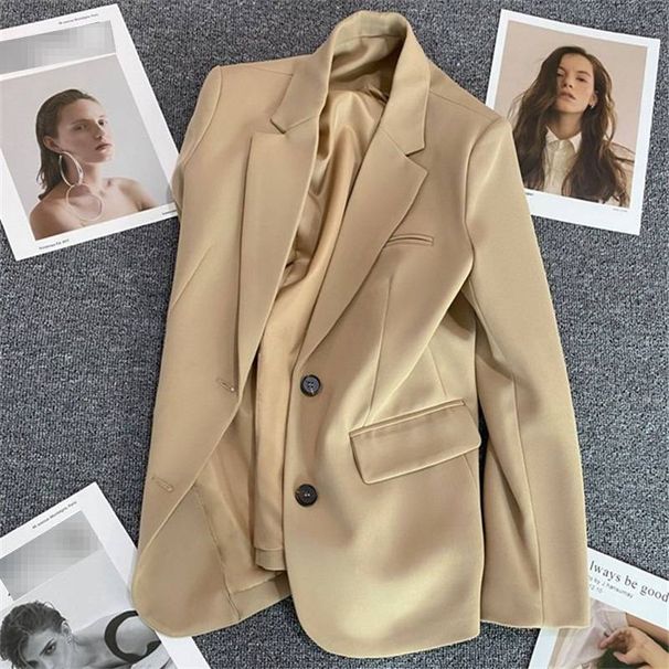 Women's Khaki Blazer Jacket Casual Chic Oversized Single-Breasted Trench Coat Stretch Comfort Fit for Office Daily Wear Spring Autumn_ecoleips.com
