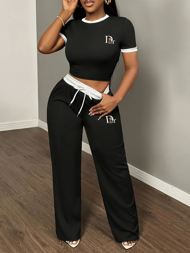 Women's Casual Sporty Two-Piece Set Short Sleeve Top Comfortable Pants Black White-112354_ecoleips.com