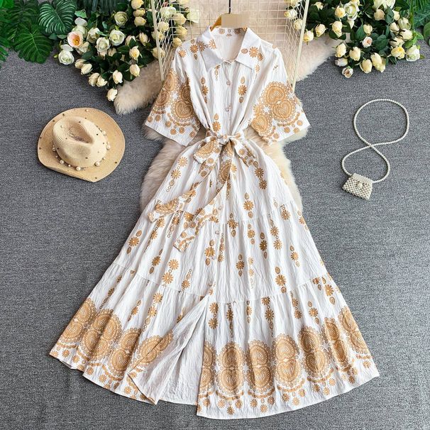 Women's French Retro Heavy Embroidery Lapel Dress Korean Style Single-Breasted Slimming Ruffled Long Skirt Summer Dress_ecoleips.com
