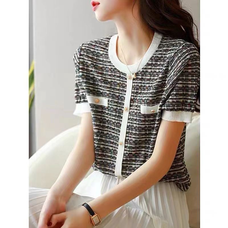 Women's Ice Silk Knitted Top Short Sleeve T-Shirt Summer Thin Round Neck Fashionable And Elegant Loose Striped_ecoleips.com