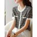 Women's Ice Silk Knitted Top Short Sleeve T-Shirt Summer Thin Round Neck Fashionable And Elegant Loose Striped_ecoleips.com