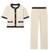 Women's European American Style Color Block Trim Pant Set Short Sleeve Suit Jacket Casual Trousers Fashionable Export Clothing_ecoleips.com