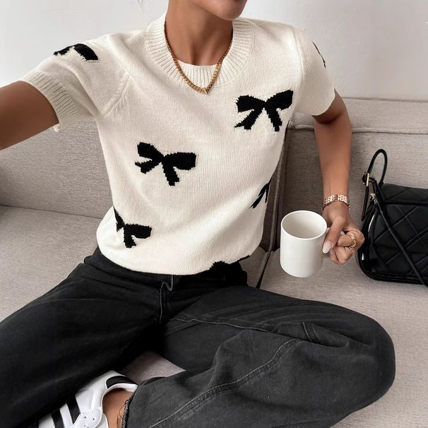 Women's Color Block Bow Detail Jacquard Sweater – Round Neck, Lightweight & Stylish (S-XL)_ecoleips.com