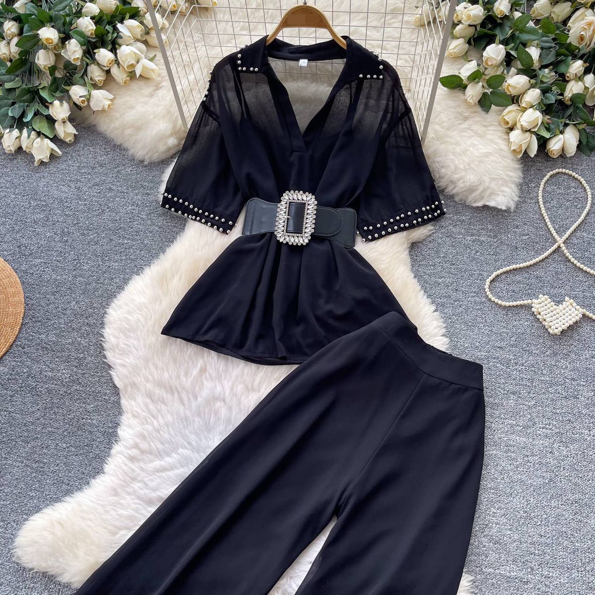 Women's Clothing Two Piece Women's Summer Pants Set Studded Waist Cinching Top High-Waisted Wide Leg Pants Relaxed Style_ecoleips.com