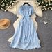 French Style Women's Lace V Neck Dress Butterfly Hollow Out Summer Korean Short Sleeve Waist Cinching Slimming A-Line Skirt Pink_ecoleips.com