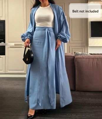 Muslim Knitwear"Modest Two-Piece Set – V-Neck Long Sleeve Top With Flowy Midi Skirt (XS-XXXL)"_ecoleips.com