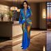 Women's Fashion Dress – Crinkle Textured Color-Block V-Neck Long Sleeve Bodycon Dress (S-Xxl, Blue & Rose Pink)_ecoleips.com