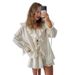 2025 Spring Autumn French Sweet Loose Ruffle Two-Piece V-Neck Shirt Shorts Set European And American Cross-Border_ecoleips.com
