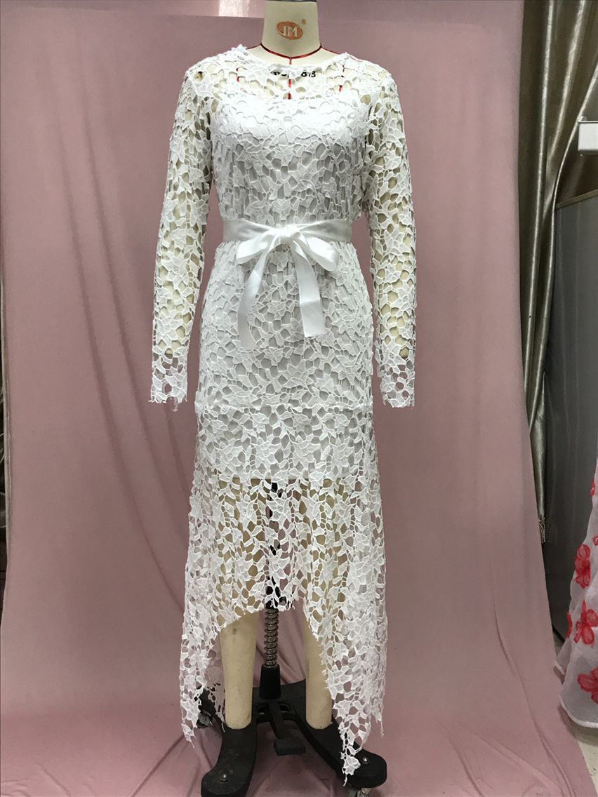 K01 New Women's Lace Hollowed Out Long Sleeved Stand Up Collar Tied Irregular Dress_ecoleips.com
