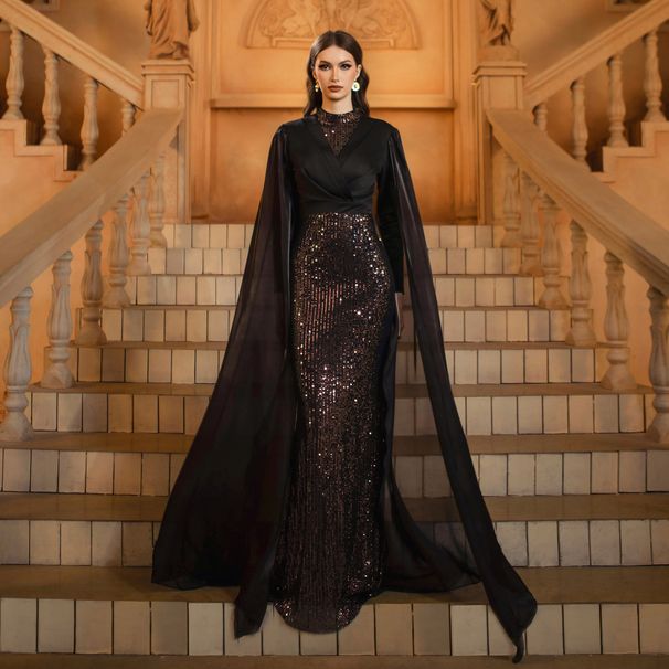 European, American And Middle Eastern Women's New High End Long Sleeved Round Neck Slim Fit Hip Wrapped Sequined Banquet Evening Dress_ecoleips.com
