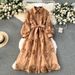 Women's Clothing Fashion Hollow Flower Breasted Slim-fit Mid-length Version Puffy Sleeve Dress_ecoleips.com