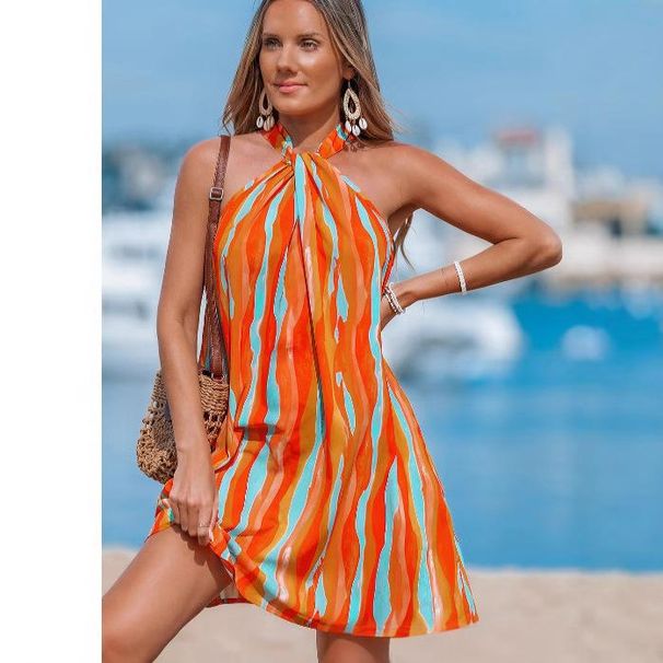 Women's Clothing Printed Sexy Holiday Style Halter Neck Dress_ecoleips.com