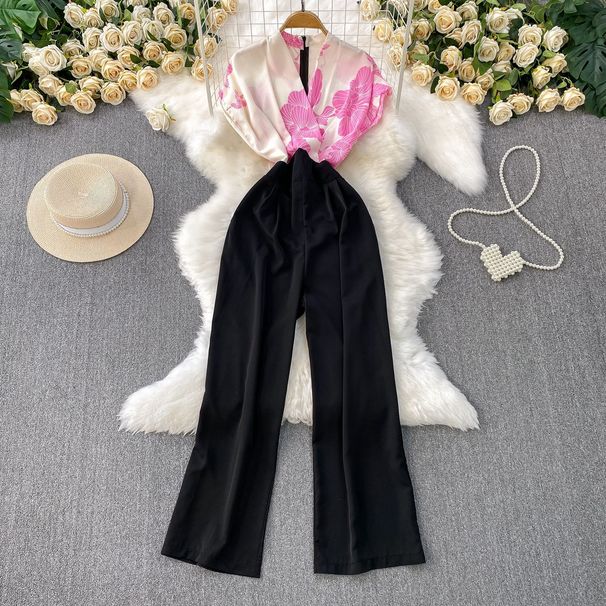 Women's Clothing Elegant Temperament Printed Splicing V Neck Short Sleeved Jumpsuit Waist Slimming Wide Leg Pants_ecoleips.com