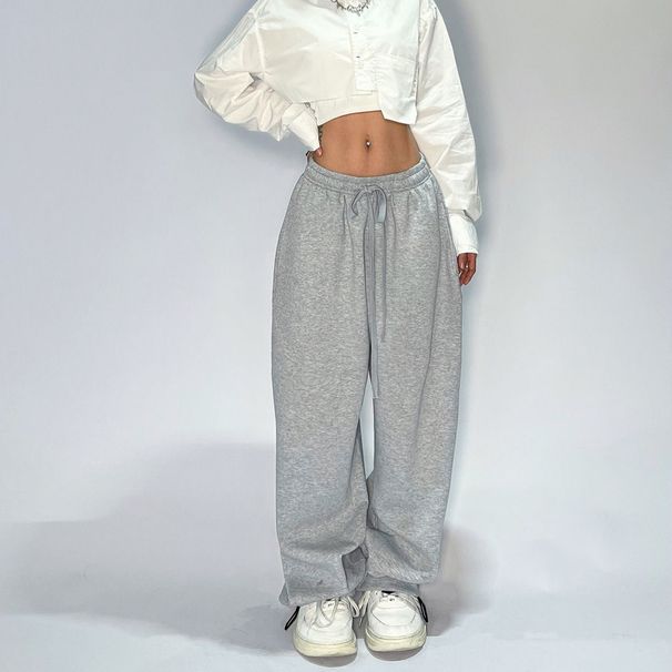 Women's Clothing Gray Sports Sweatpants Hip Hop Retro Street Dance Jogging Pants Casual Loose Drawstring Wide Leg Pants_ecoleips.com