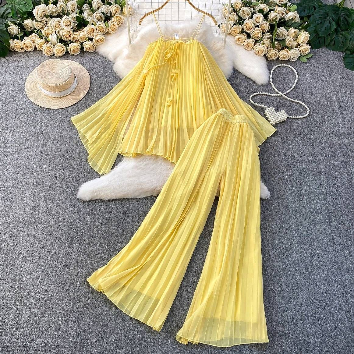 Vacation-Ready Yellow Off-Shoulder Ruffle Dress & Flared Sleeve Top Set – Flowy Midi Skirt & Asymmetrical Hem For Sun-Kissed Glow (S/M/L/XL)_ecoleips.com