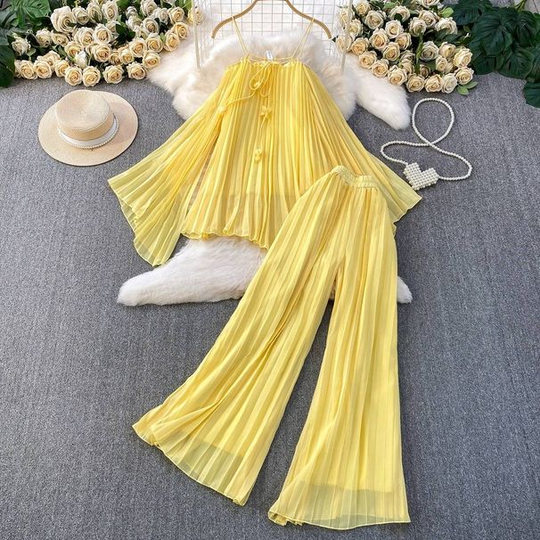 Vacation-Ready Yellow Off-Shoulder Ruffle Dress & Flared Sleeve Top Set – Flowy Midi Skirt & Asymmetrical Hem For Sun-Kissed Glow (S/M/L/XL)_ecoleips.com