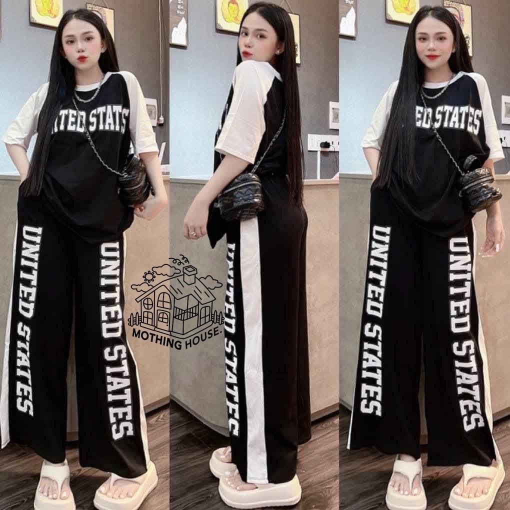 Women's Fashion Summer Set Loose Color Blocked Short Sleeve Letter Print Wide Leg Pants Casual Two-Piece Outfit_ecoleips.com
