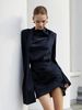 Women's Navy Blue Asymmetrical Sleeve Dress – High Waist Bodycon Midi Dress With Flared Cuffs For Work & Evening_ecoleips.com
