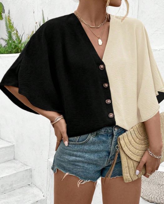 Curvy Women Solid Textured Jacquard V Neck Raglan Sleeve Button Down Blouse, 2025 Spring Summer Beach Vacation Shirt_ecoleips.com
