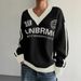 Retro Letter Print Sweater – Oversized V-Neck Y2K Streetwear Top (XXS-XL, Polyester Blend)_ecoleips.com