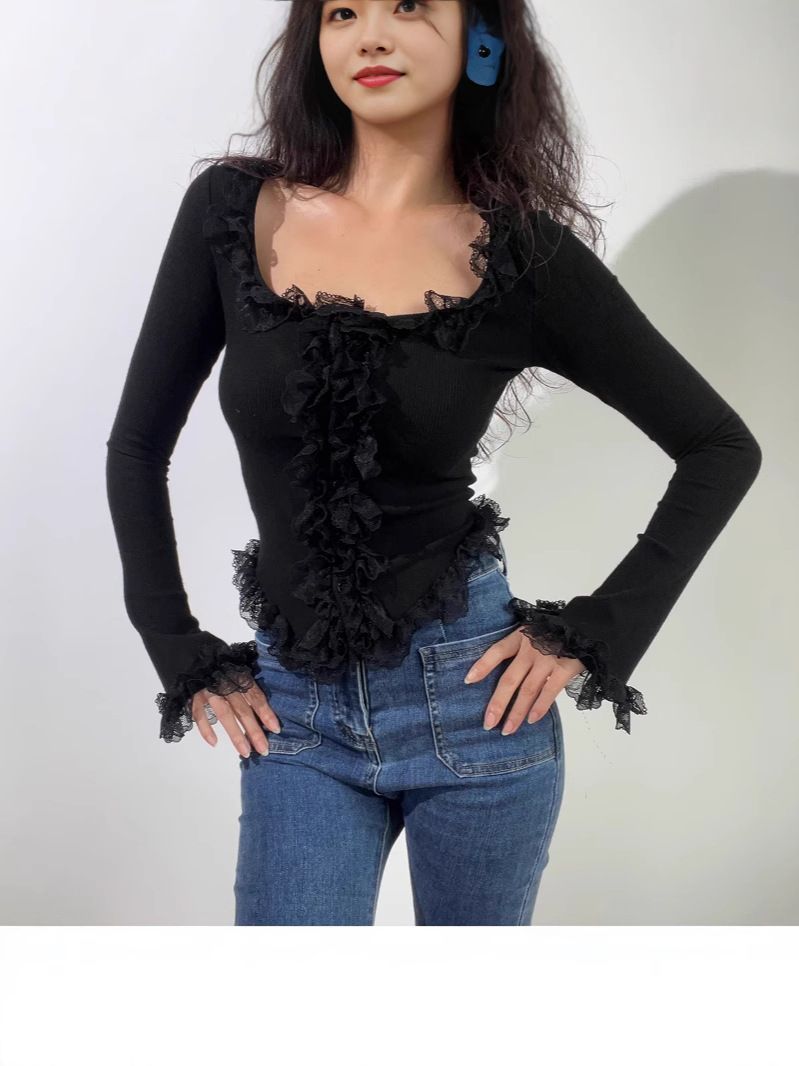 Women's Pure Alluring U Neck Brushed Lace Trim Flared Sleeve Knit Top Slim Fit Autumn Top Flattering Inner Layer_ecoleips.com