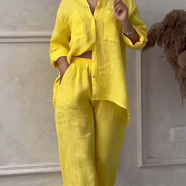 Women's Clothing Casual Cotton And Linen Solid Color Shirt Drawstring Wide Leg Pants Suit_ecoleips.com
