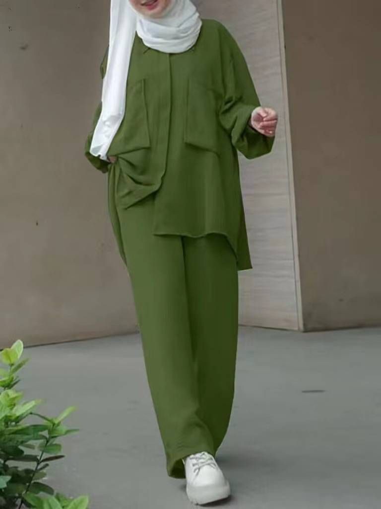 2pcs Abaya 5XL Women Two Piece Muslim Sets Kimono Khimar Top+wide Leg Pants Suits 2024 Solid Ramadan Eid 2 Piece Islam Clothes_ecoleips.com